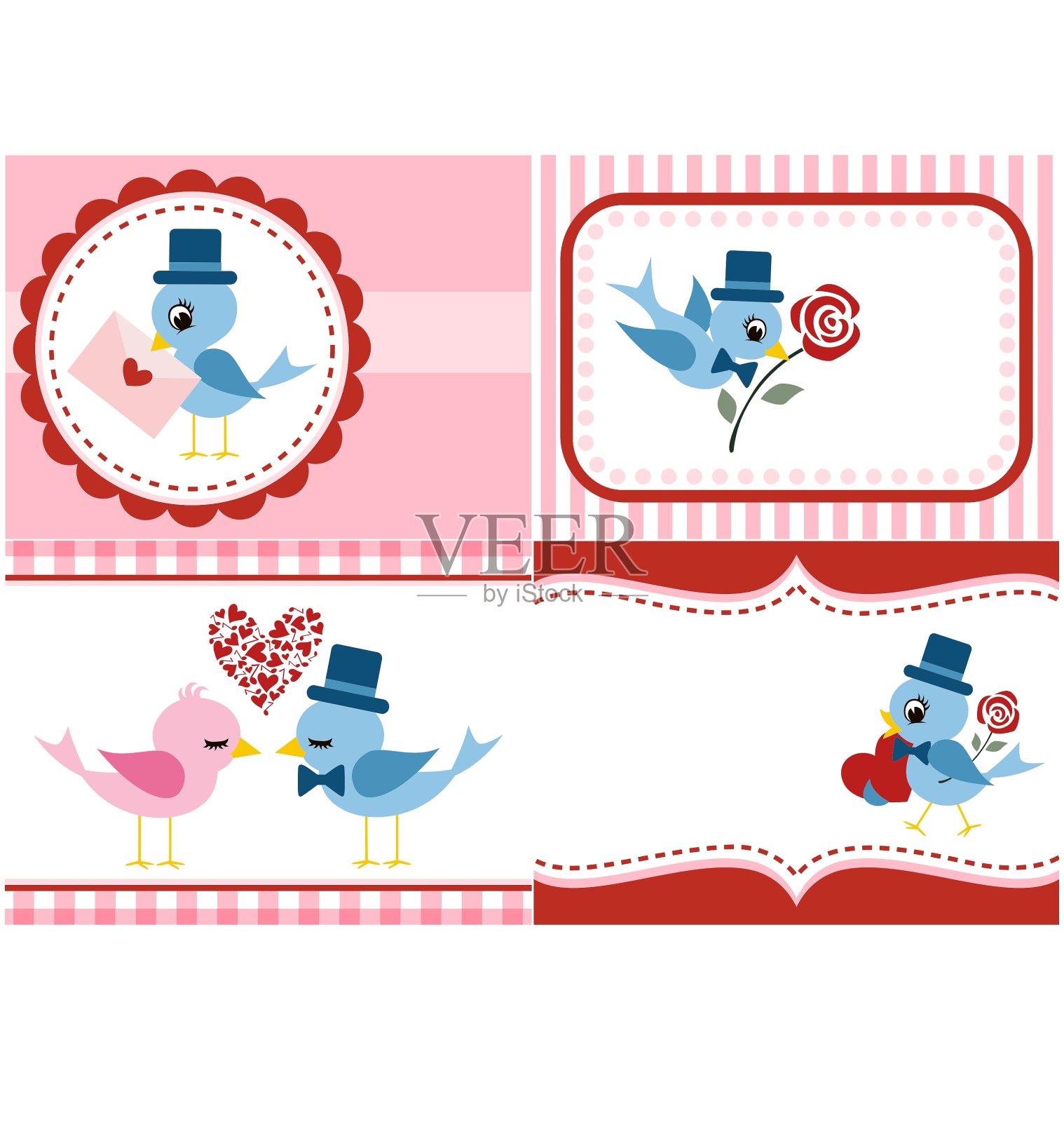 送给情人节的鸟和玫瑰花束插画图片素材