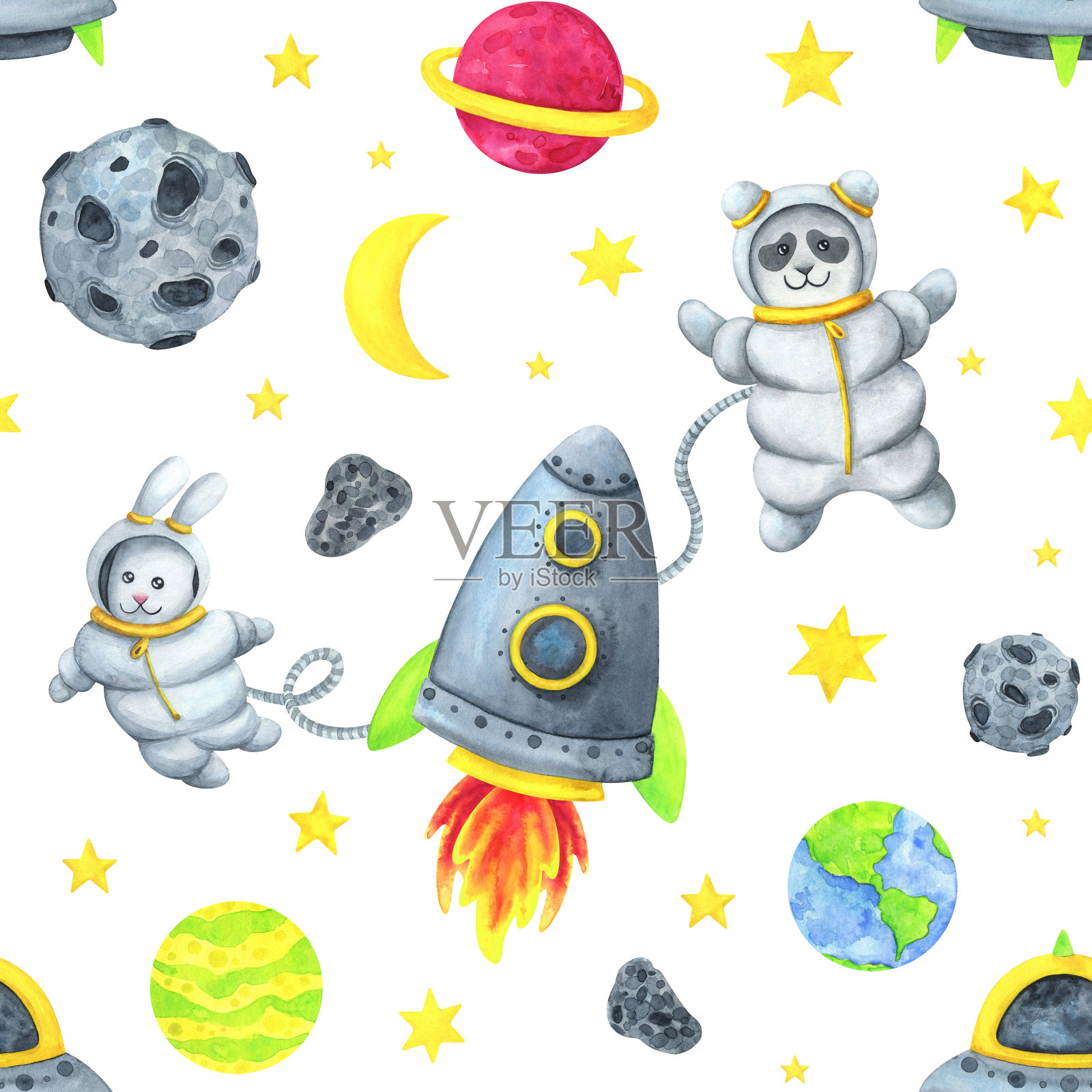 空间儿童无缝模式。火箭，飞碟，行星，星星，宇航员熊猫和野兔，穿越宇宙。一幅以白色为背景的关于星系间飞行的水彩画插画图片素材