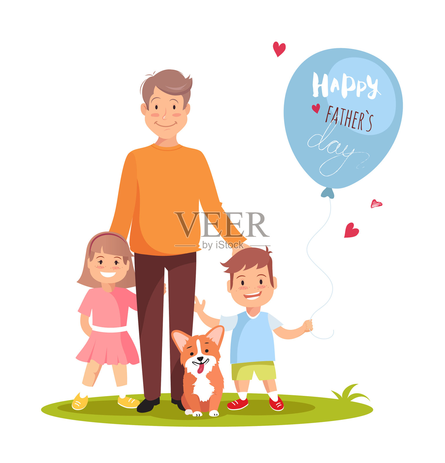 父亲和他的儿子女儿和狗站在一起插画图片素材