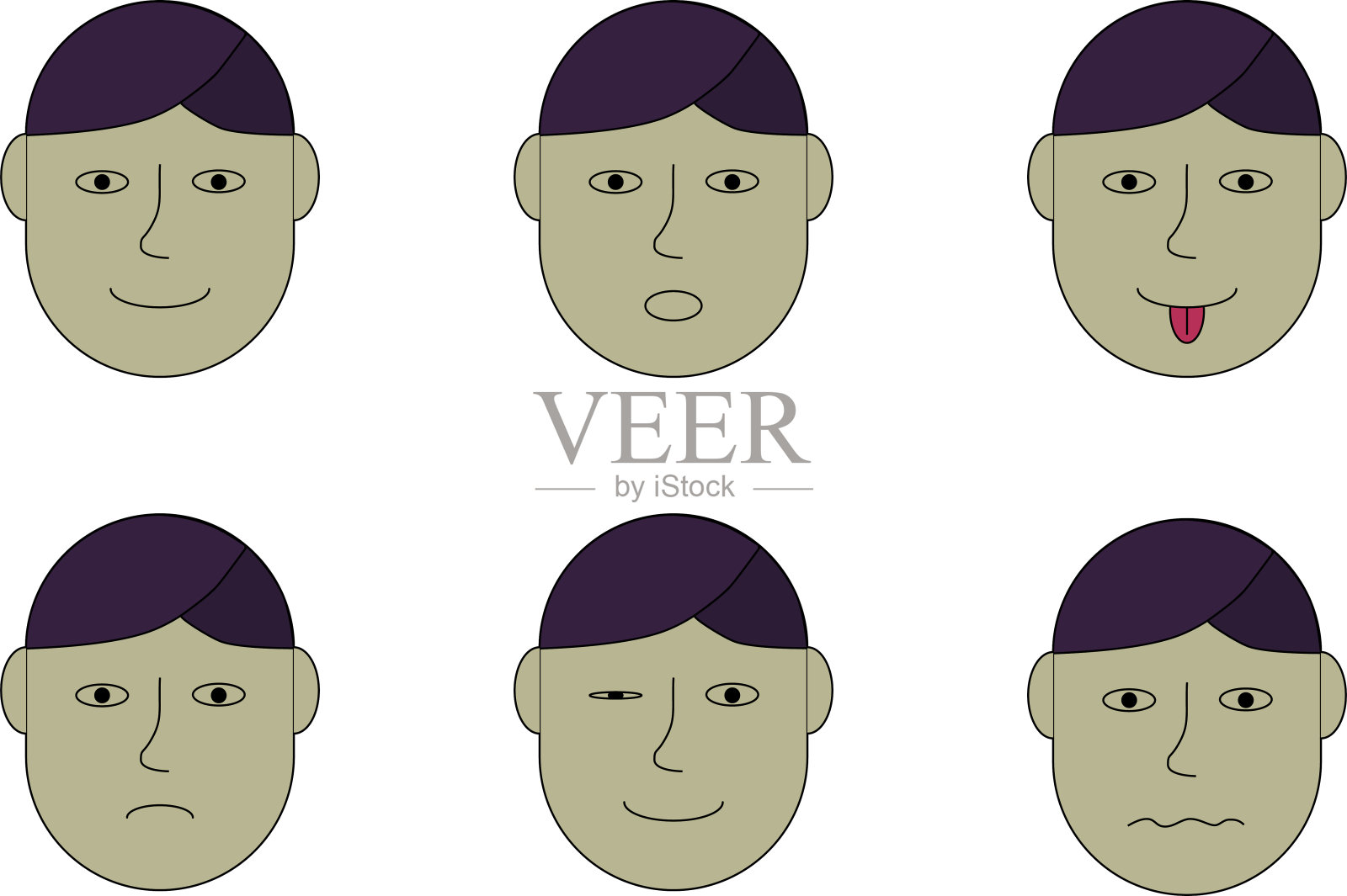 不同情绪的人的脸的Veclor拼贴插图或图片:喜悦或快乐，惊奇，舌头，悲伤，眨眼和生病或害怕插画图片素材