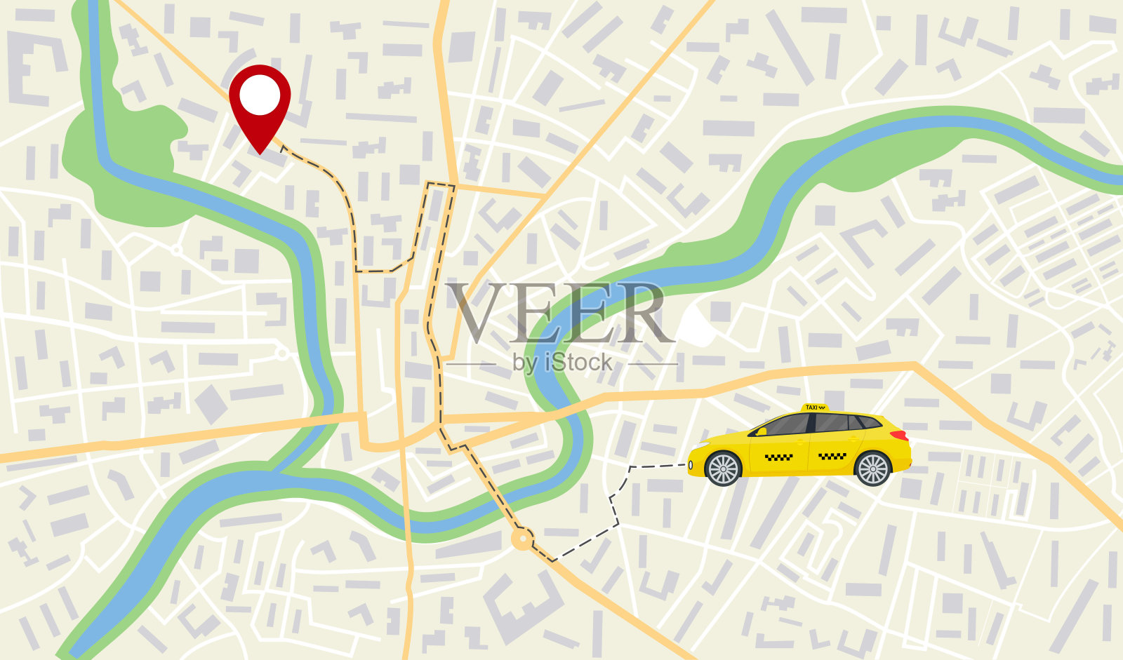 出租车地图。应用导航，城市街道的gps。出租车在道路上的方向、目的地。旅行、快递、商务应用。方位，在城里的位置。通路上的地址。向量插画图片素材