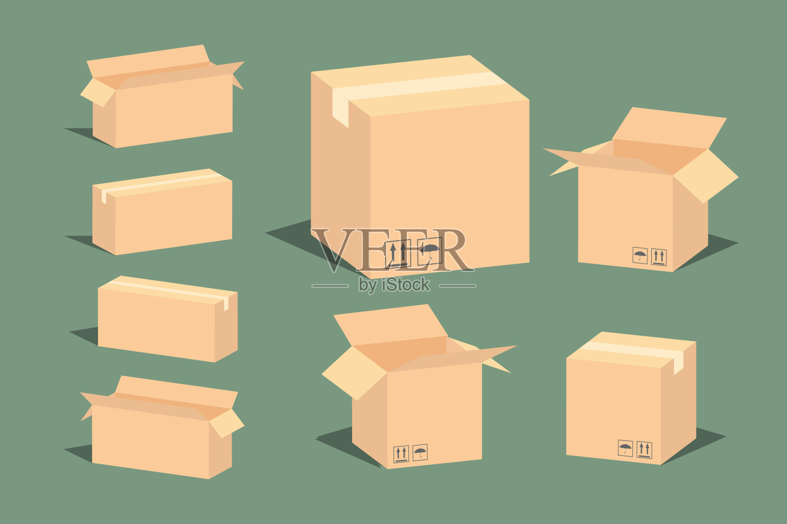 纸箱运输，包装开放和封闭的盒子与易碎标志。矢量插图孤立在白色背景的web，图标，信息图形。每股收益插画图片素材