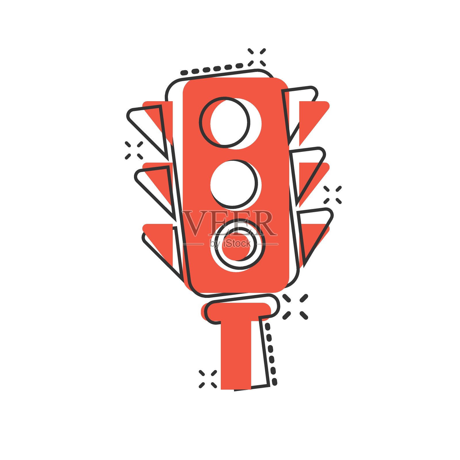 漫画风格的信号灯图标。交通灯卡通矢量插图在白色孤立的背景。十字路口喷溅效应经营理念。设计元素图片