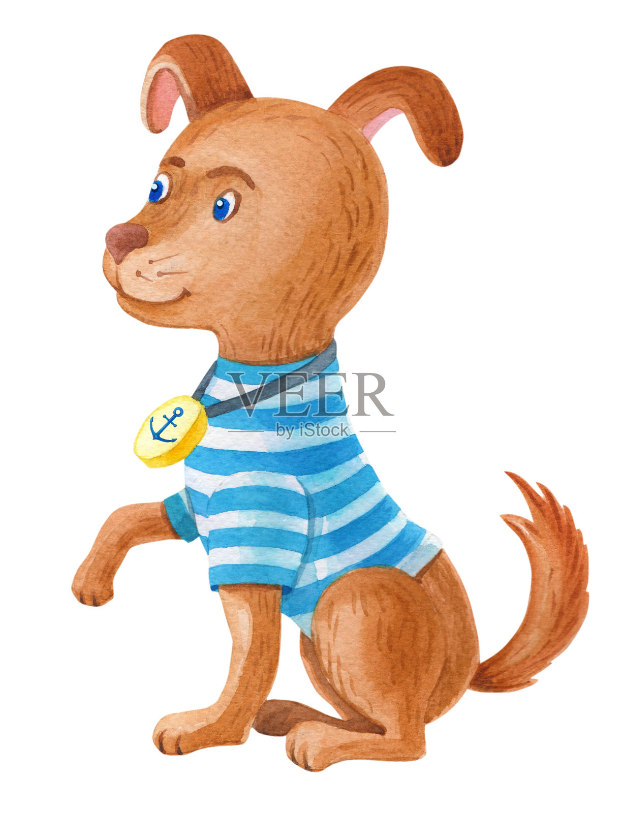 穿着条纹t恤的水彩画狗。水彩插图在航海设计元素图片