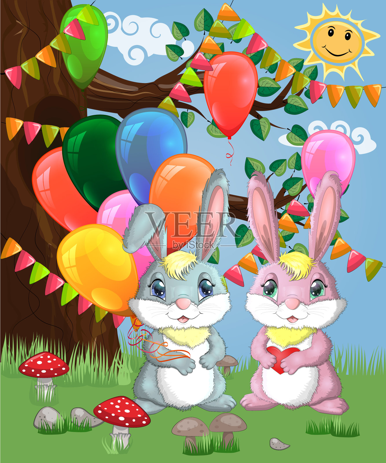 两只带着球的可爱小兔子在林间空地上玩耍插画图片素材