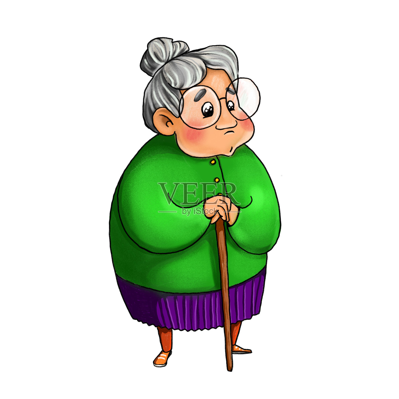 一位慈祥的祖母，白发苍苍，拄着拐杖。设计元素图片