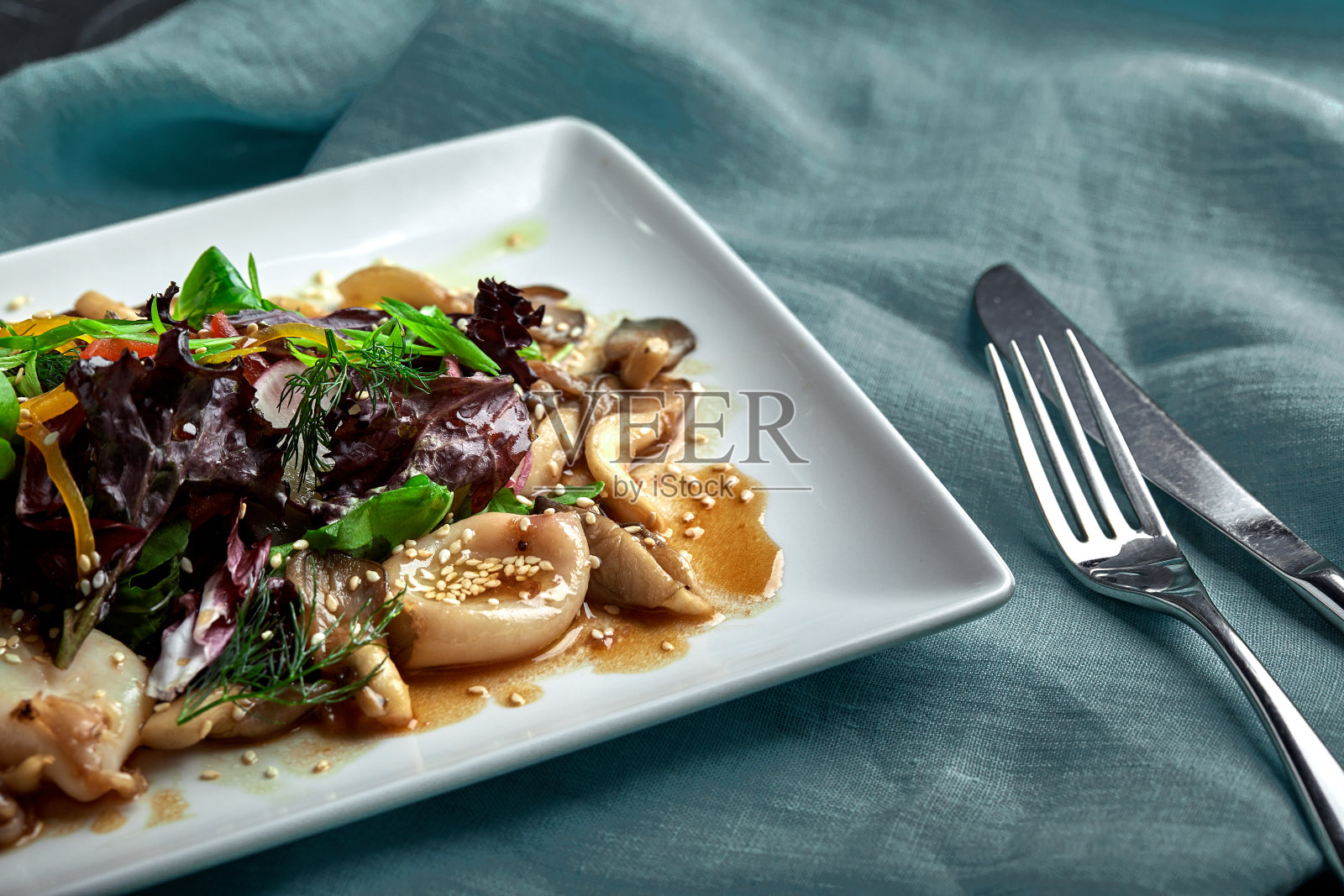鱿鱼、蘑菇和蔬菜沙拉。从上往下看。Copy-space照片摄影图片