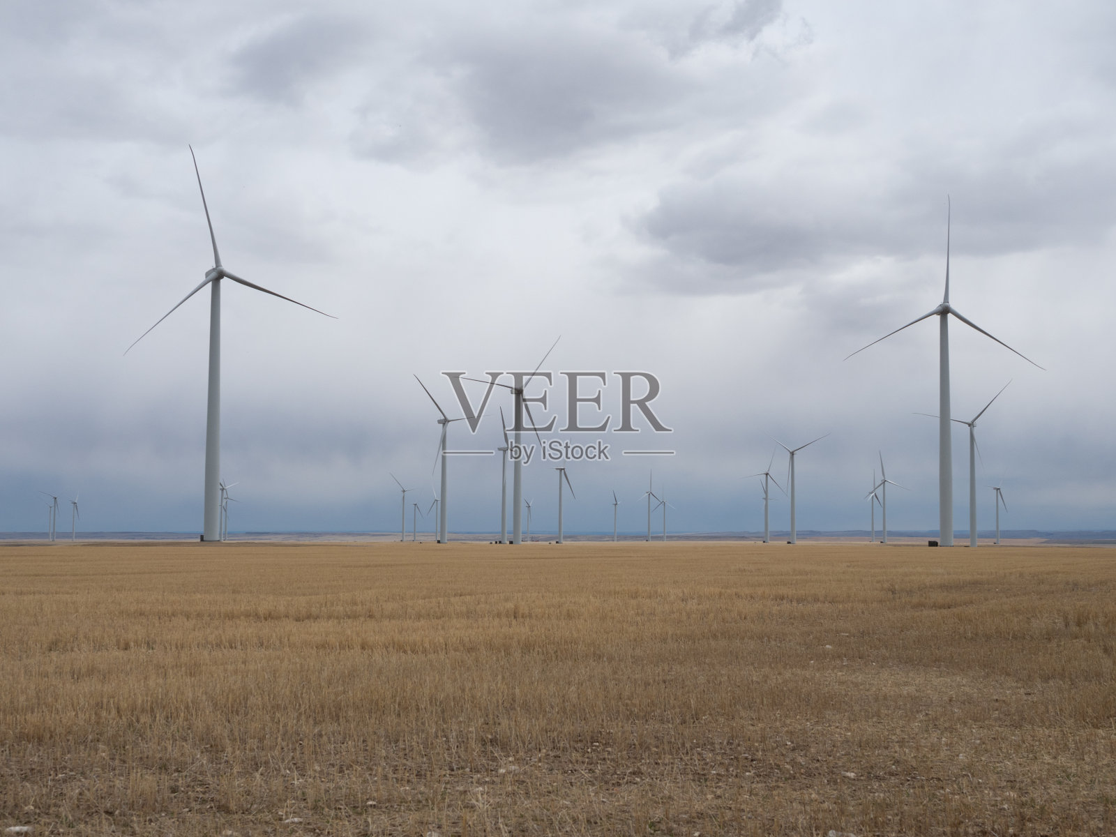 蒙大拿风电场与风力涡轮机在一个农业领域和风暴云之上照片摄影图片