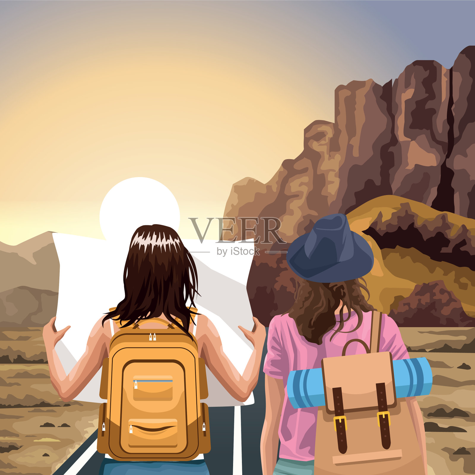 美丽的西方风景与旅行者的女人插画图片素材