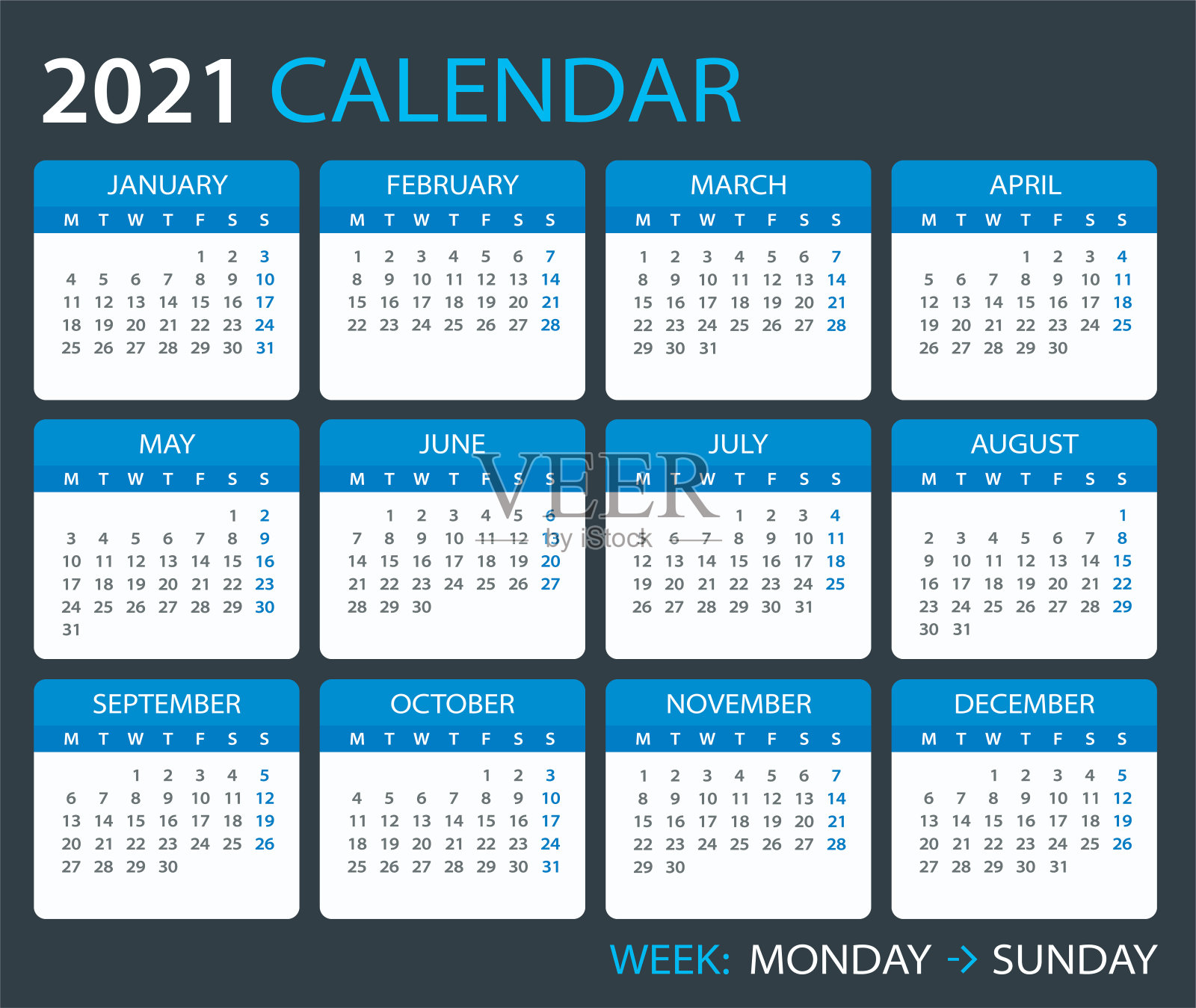 2021年日历-矢量模板图形插图-周一至周日设计模板素材