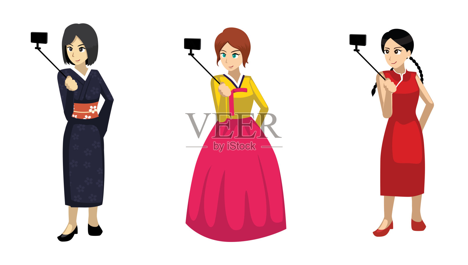 漫画女性传统亚洲服饰套装3插画图片素材