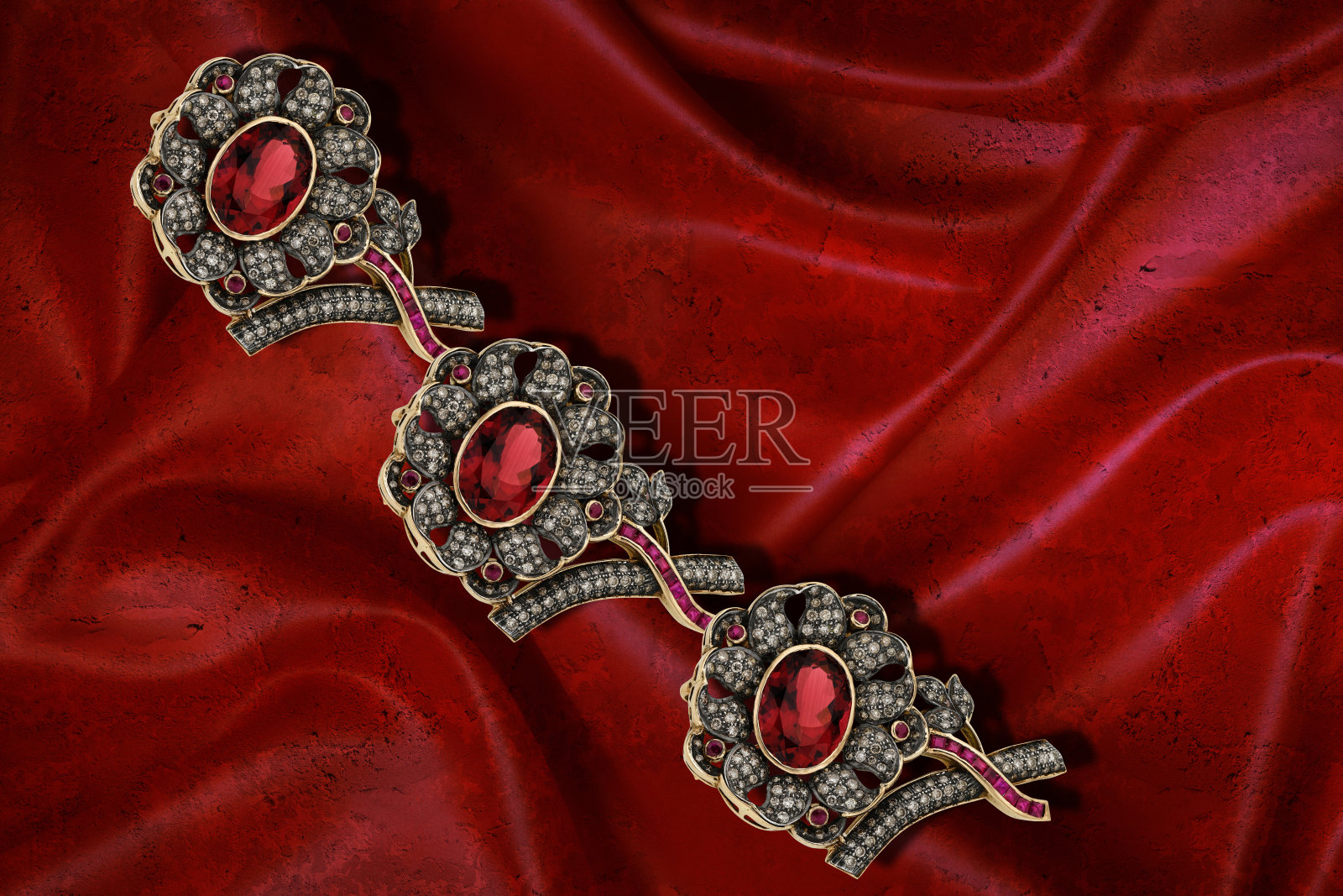 3D壁纸纹理，珠宝花朵，红色丝绸背景。庆祝3 d背景。照片摄影图片