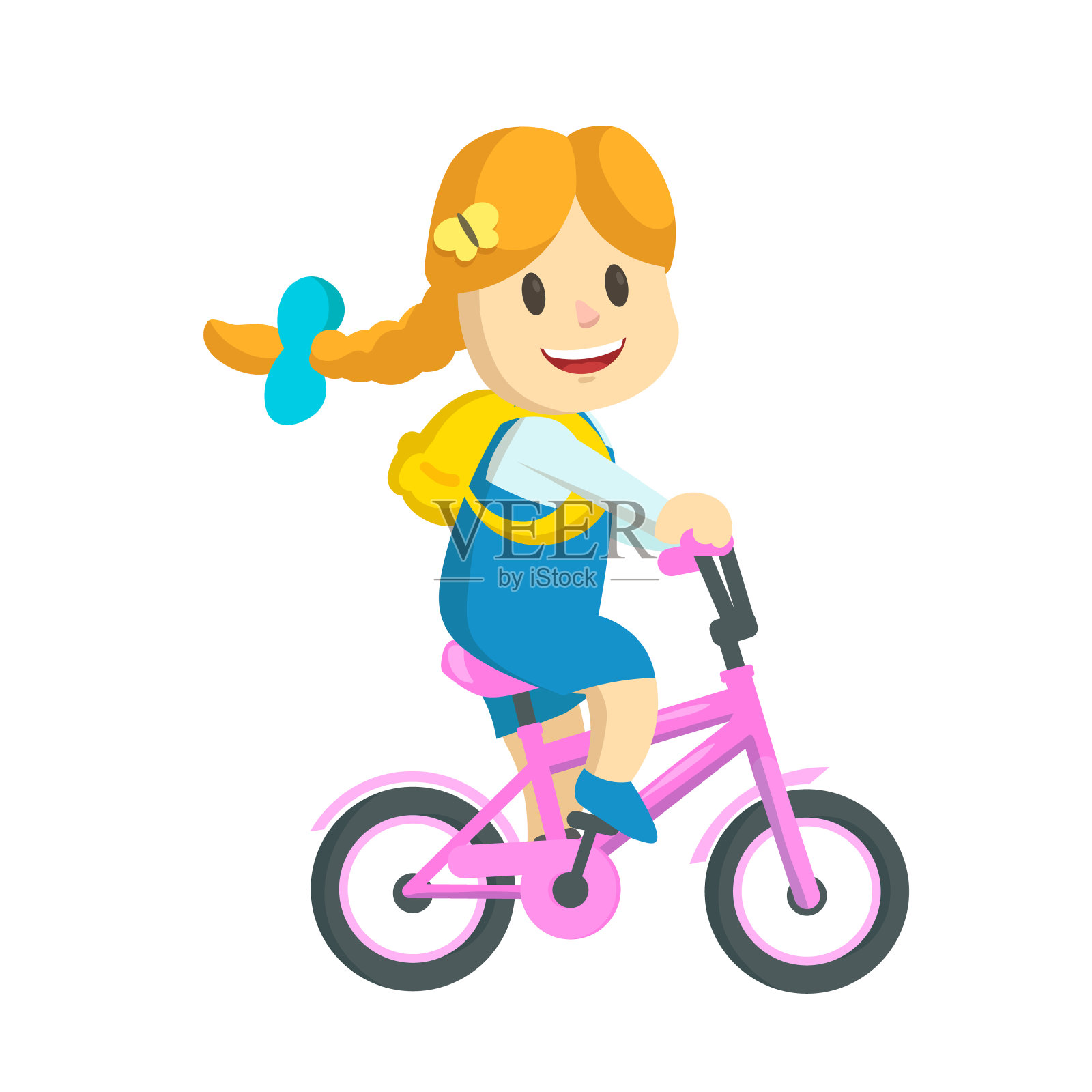 快乐的小女孩背着背包骑粉红色的自行车。平面矢量插图，孤立在白色背景上。设计元素图片