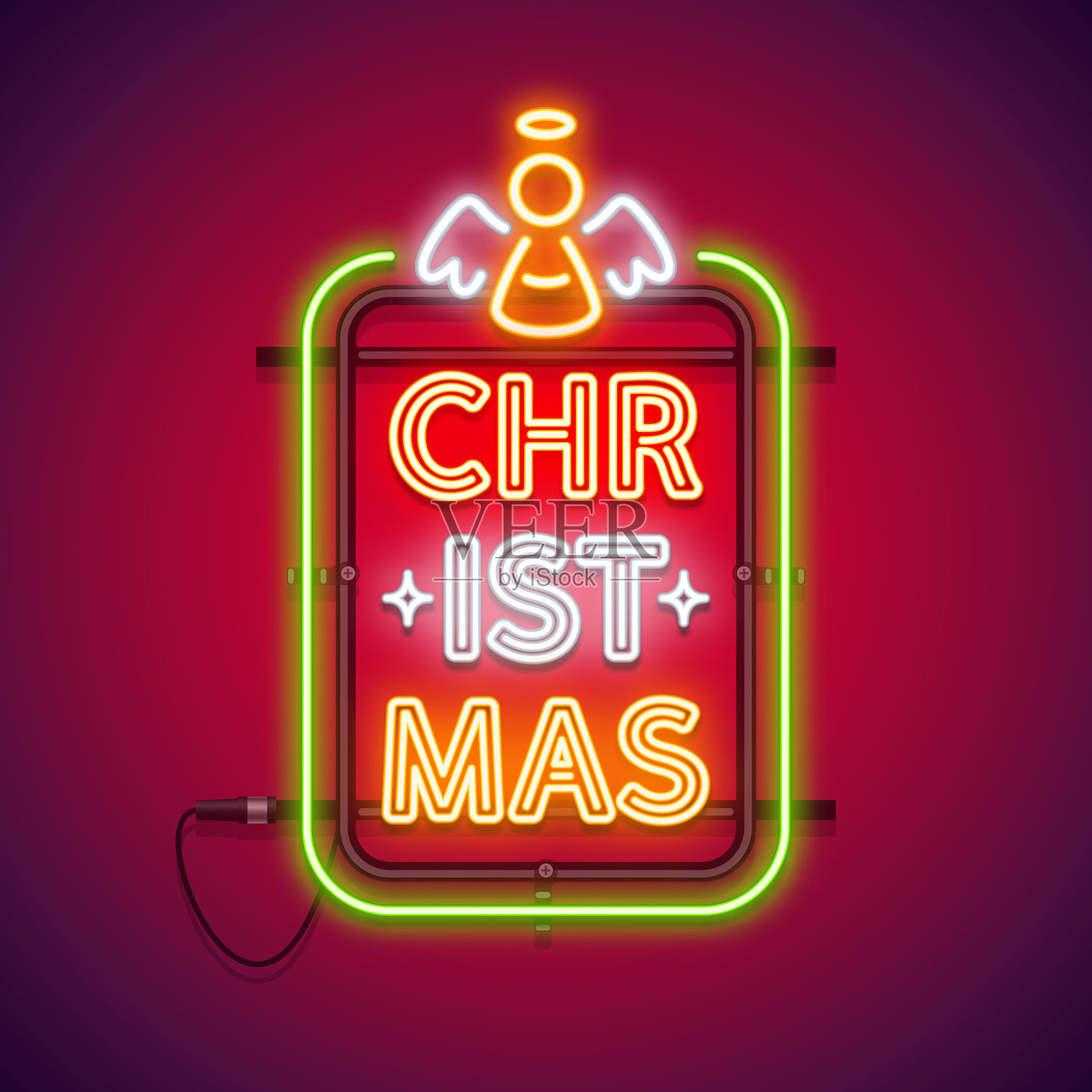 圣诞垂直霓虹标志红色与天使设计元素图片