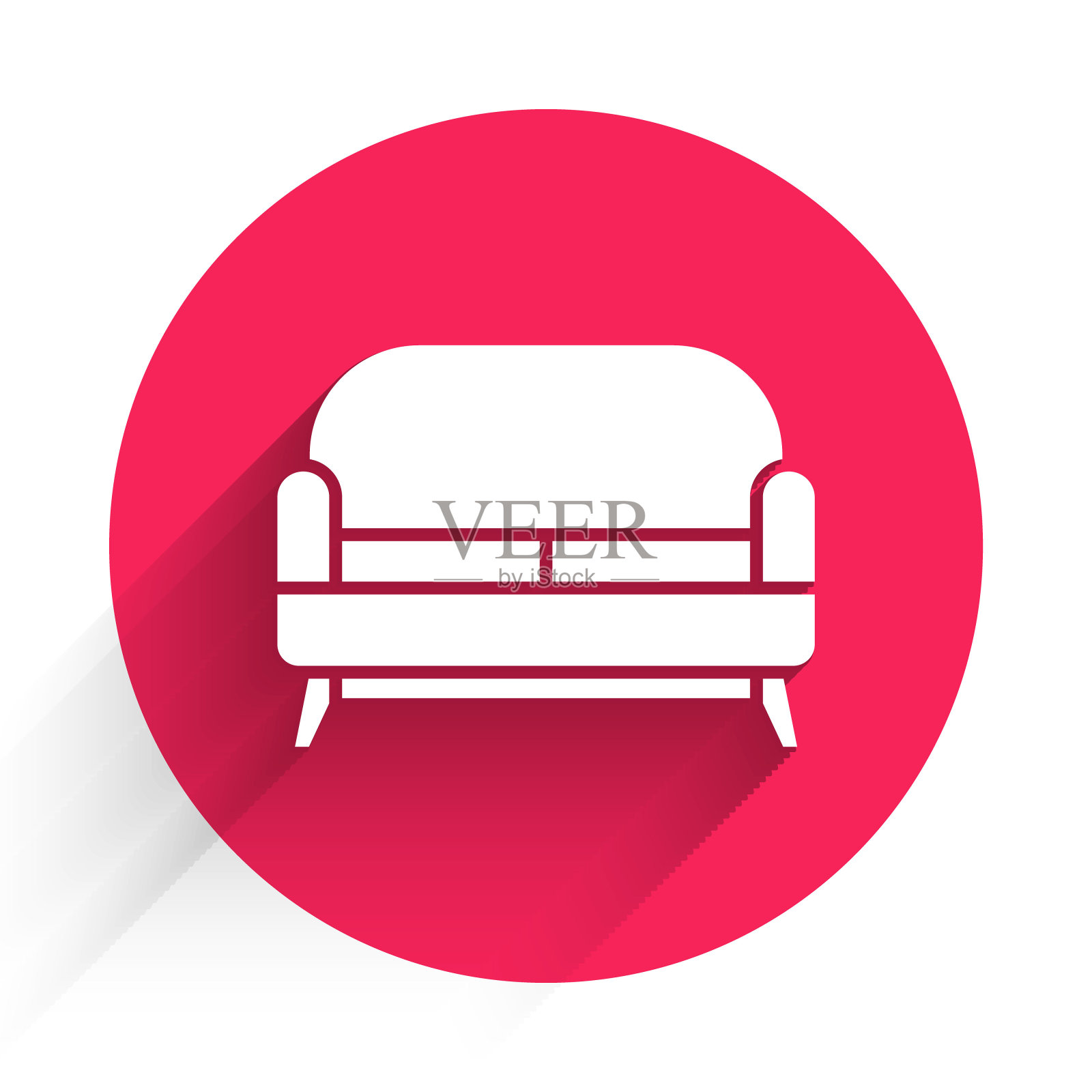 白色沙发图标孤立与长影子。红色圆圈按钮。矢量图插画图片素材