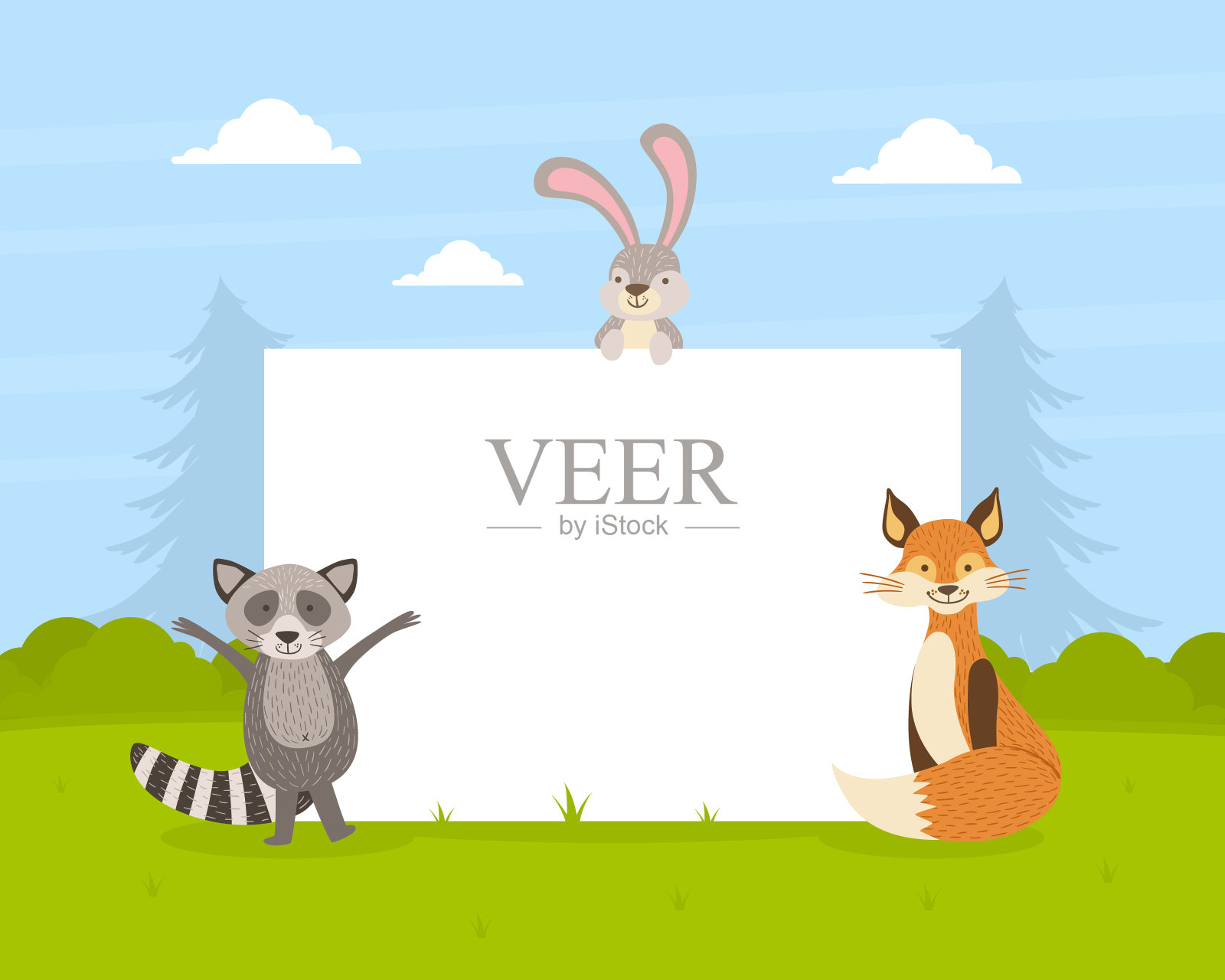 可爱的森林动物与空白旗帜，火烈鸟，兔子，浣熊，狐狸站在旁边的空白招牌矢量插图插画图片素材