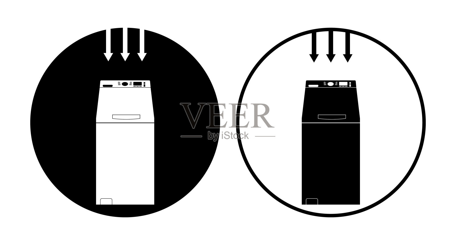 圆形标志的立式装载洗衣机。孤立矢量在黑色和白色插画图片素材