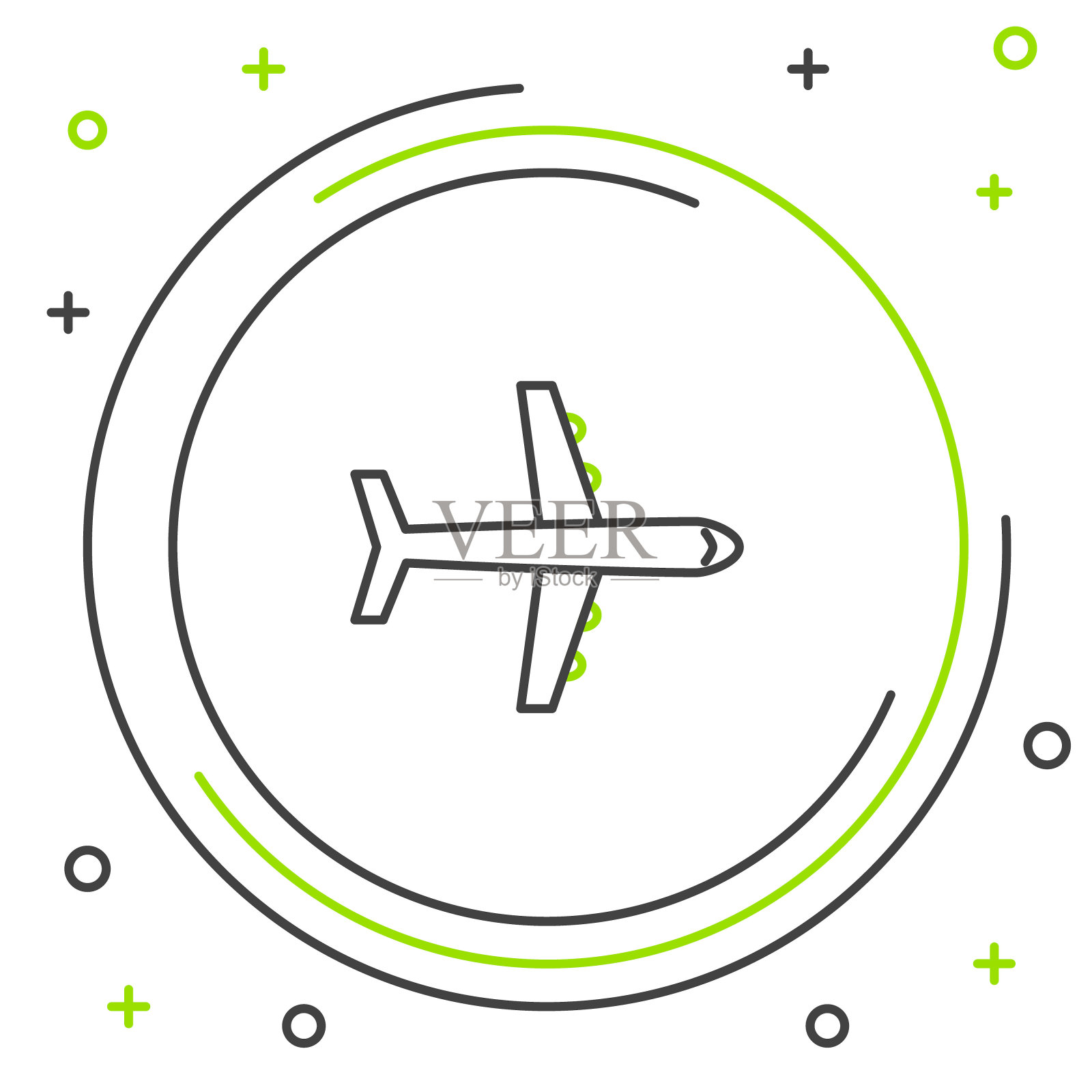 黑色和绿色线平面图标隔离在白色背景。飞行的飞机图标。客机的迹象。色彩斑斓的轮廓的概念。矢量图插画图片素材