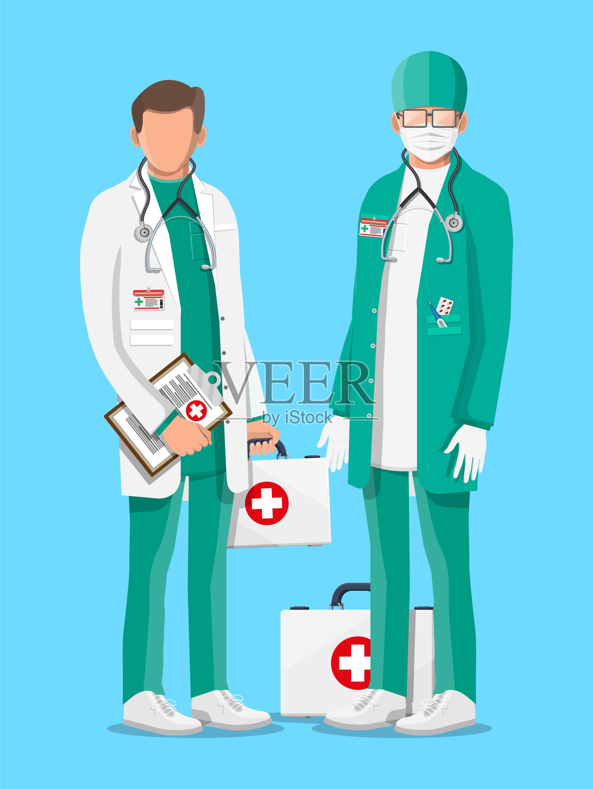 两个穿着大褂的医生，带着听诊器和病例插画图片素材