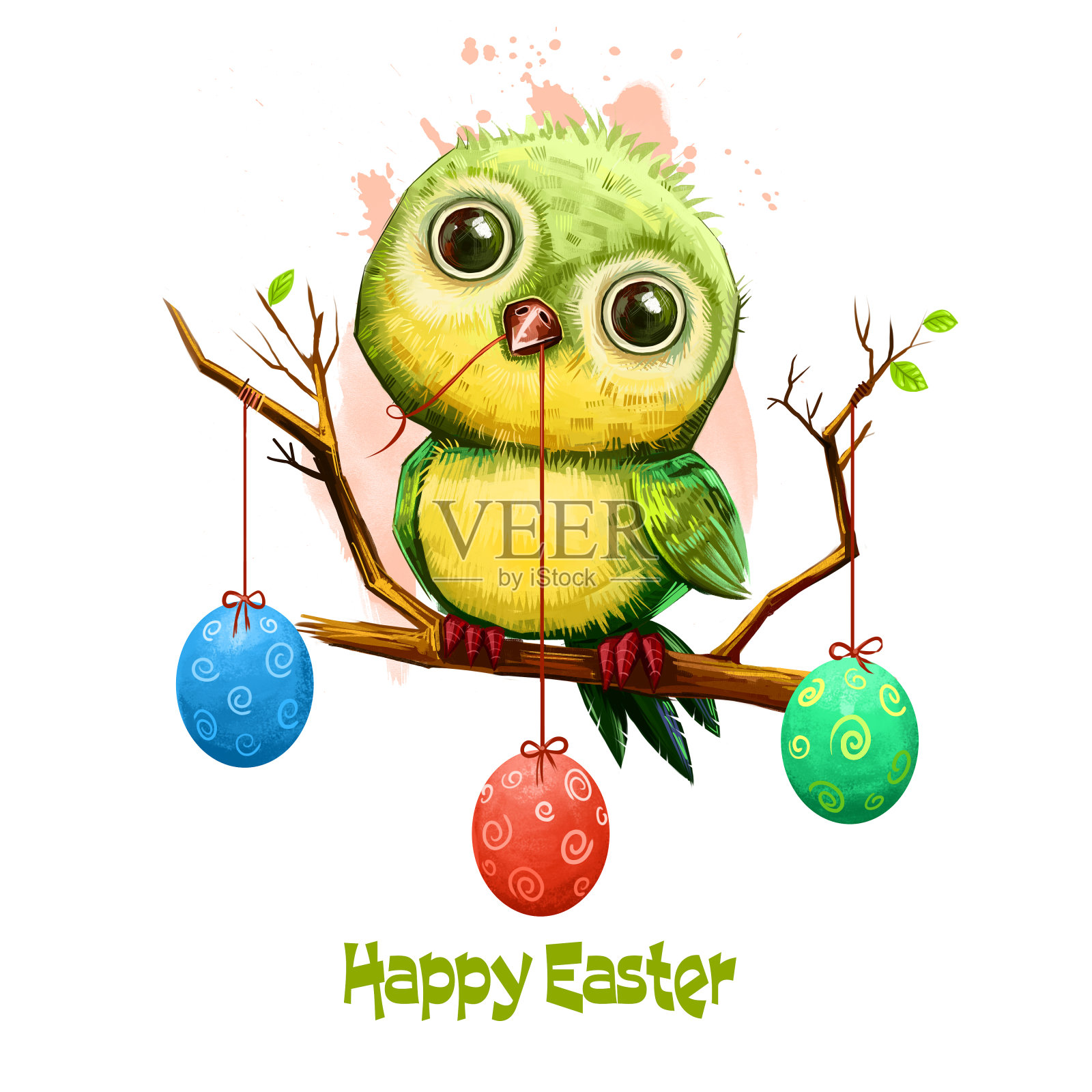 卡通鸟在树枝上与节日蛋孤立在白色。基督教传统的象征。复活节快乐数字横幅卡通风格。春天的海报。剪贴艺术插图贺卡设计元素图片