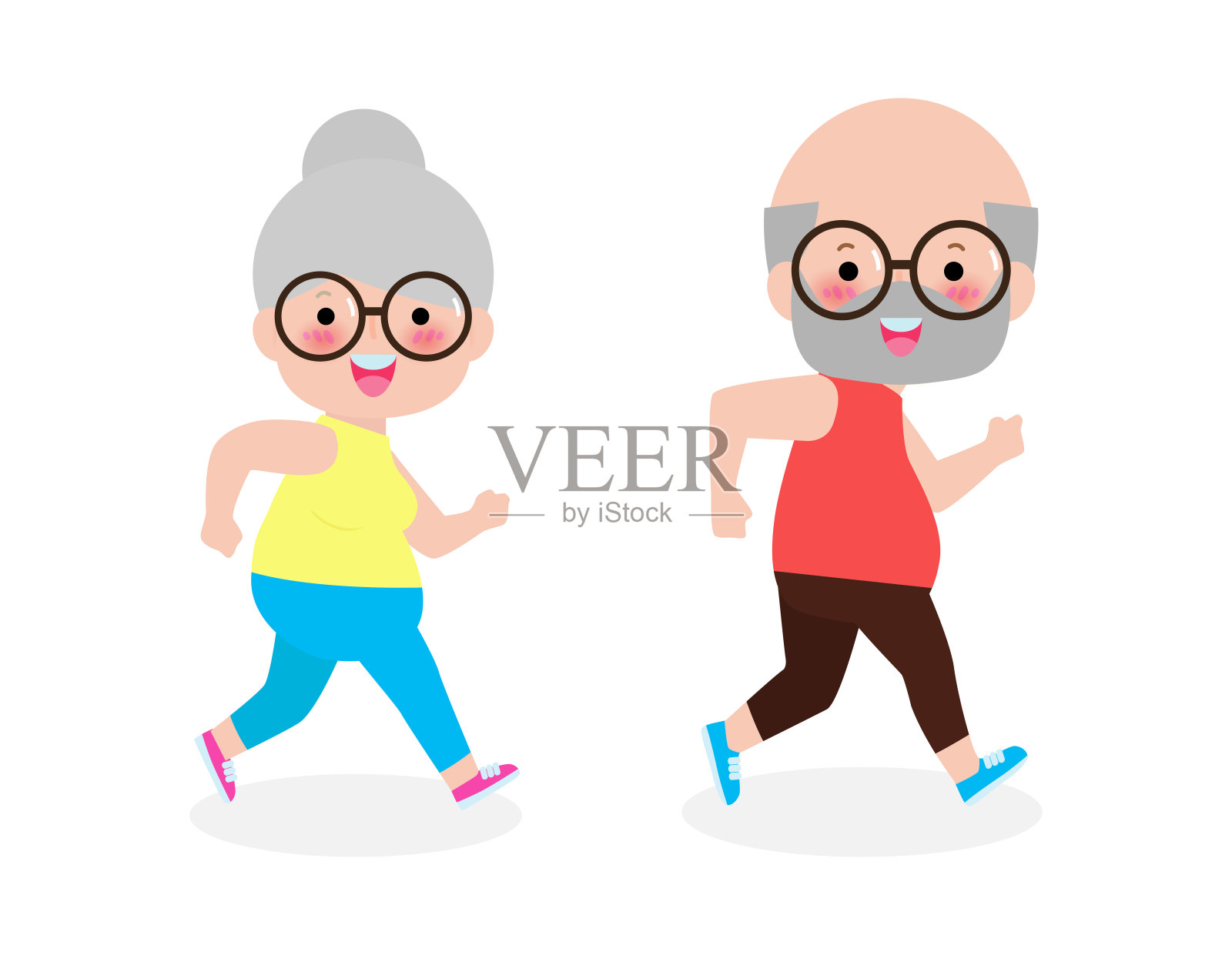 矢量插图的卡通运行老太太，男人。卡通人物。老年人的活动。矢量健身房或户外健康的生活方式。老年人在白色背景下运动设计元素图片