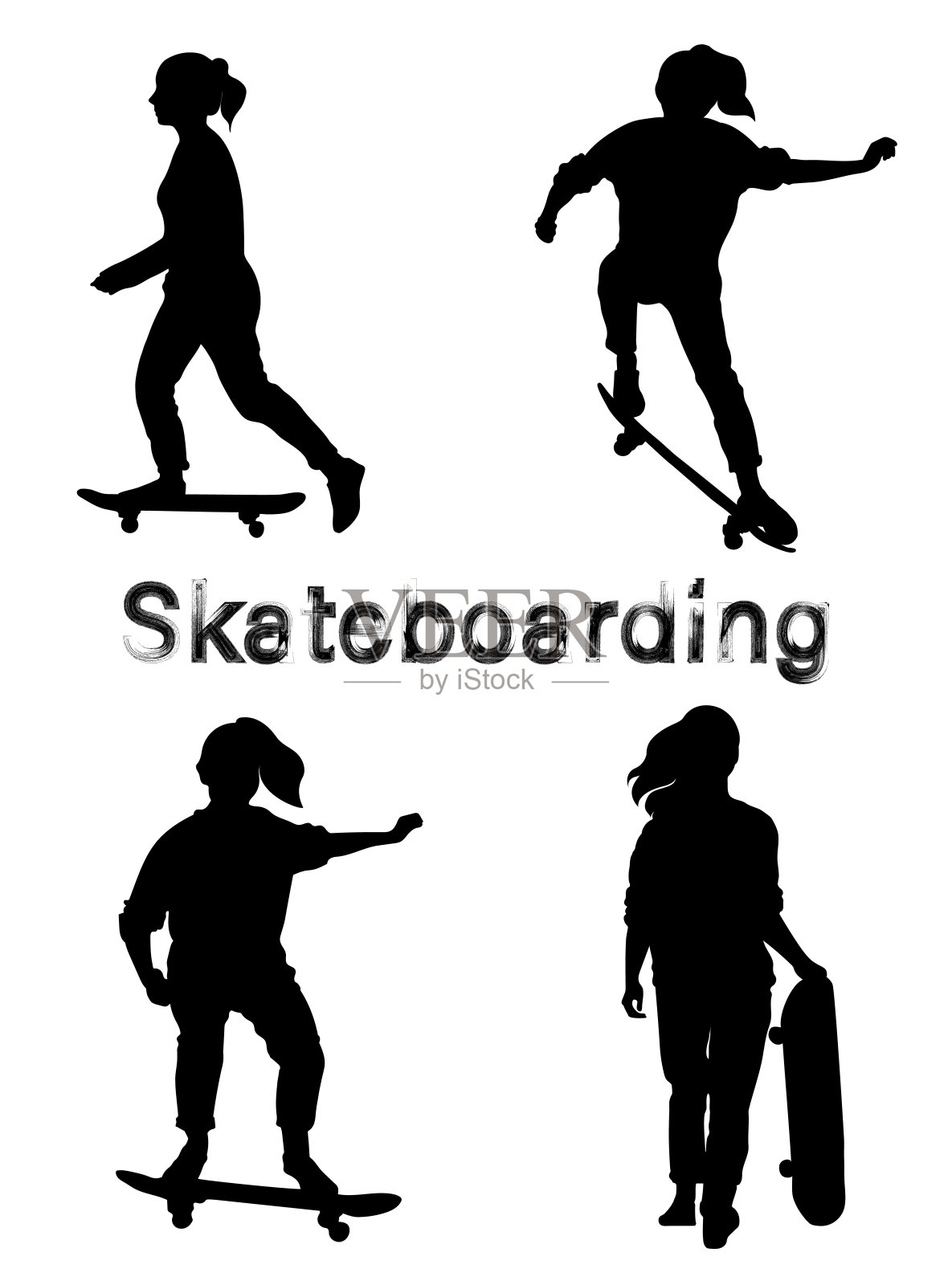 一套黑色溜冰女孩剪影。欧利滑板技巧。滑板是骑，推离地面，跳跃，站在板上。孤立的矢量图。Grunge风格的纹理文本。设计元素图片