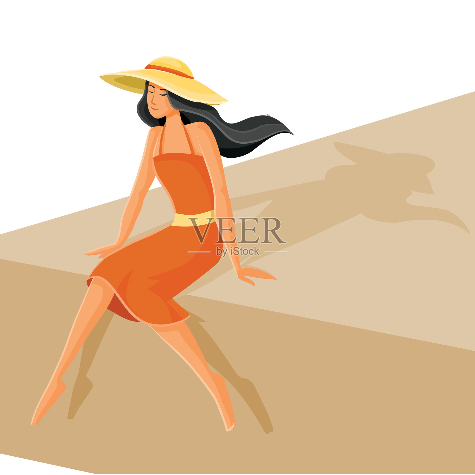 女孩黑色的头发在一个大的沙滩帽和红色的裙子坐在棕色的东西和摆动，无忧无虑，夏天，快乐，美丽，矢量插图插画图片素材