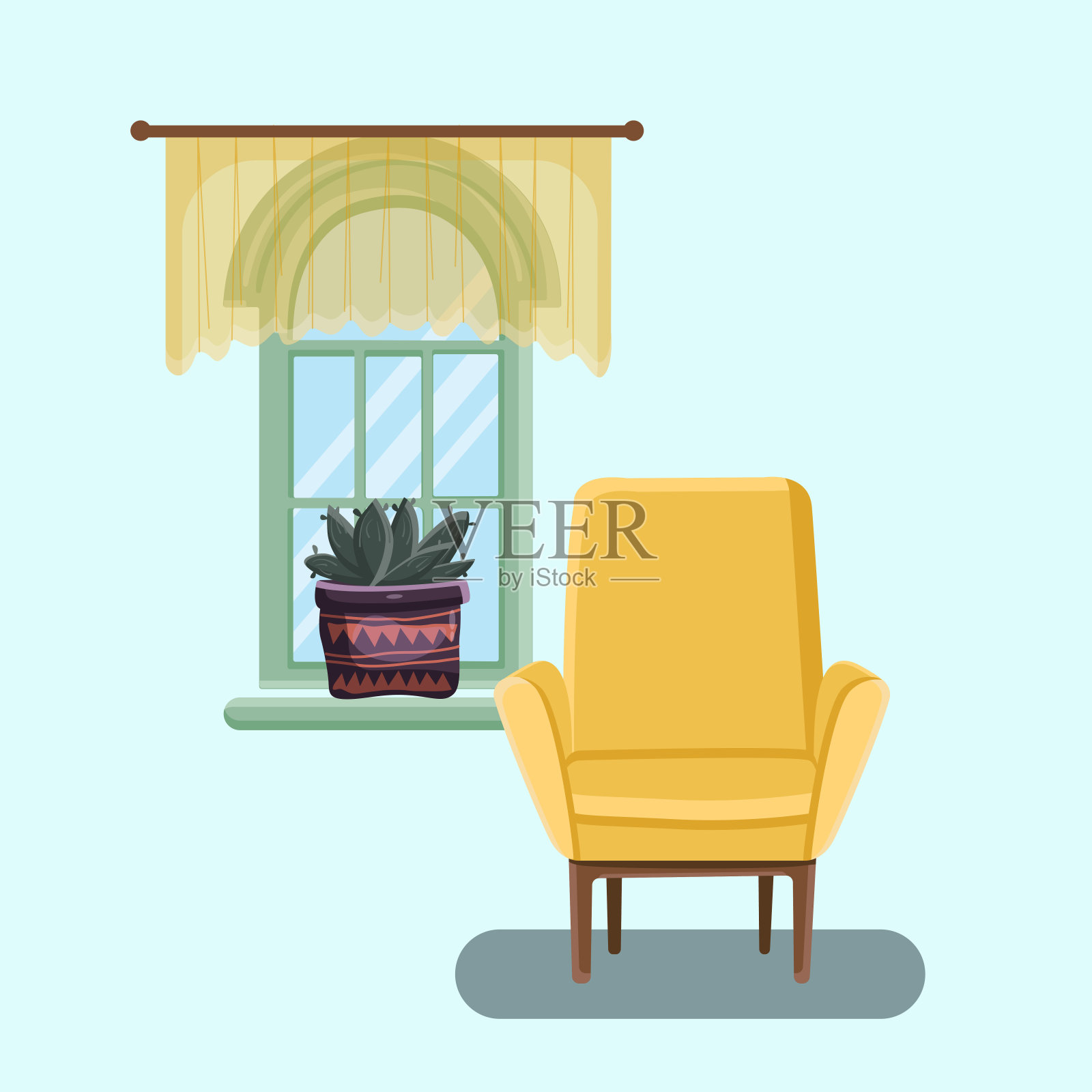 房子的内部是扶手椅、窗帘和花设计元素图片