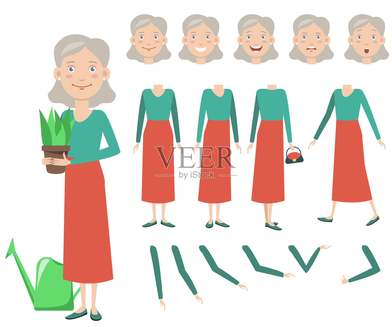漂亮的祖母与盆栽植物字符集插画图片素材