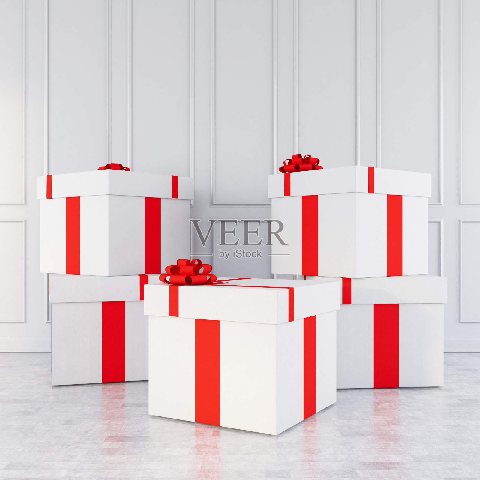 一束红色和白色礼品盒在白色内饰照片摄影图片