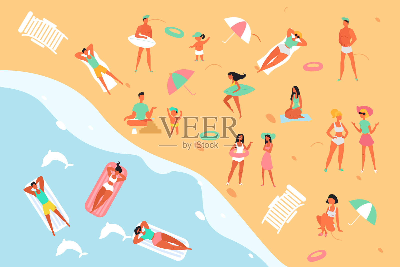 夏日休闲人们在海边，海边沙滩平面设计风格矢量图形插画概念插画图片素材