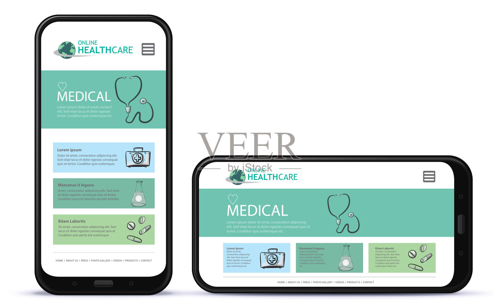 面向移动电话的医疗保健和医疗App用户界面设计。设计模板素材