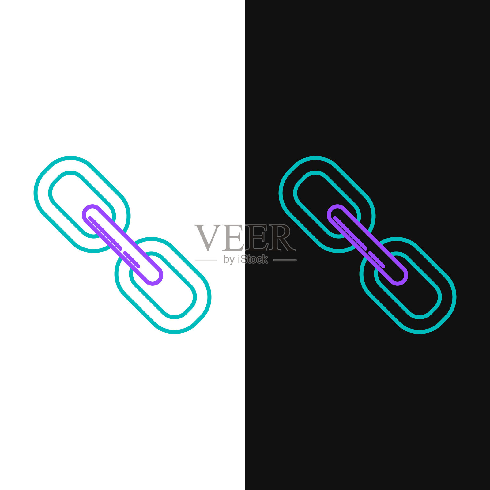 绿色和紫色线链链接图标隔离在白色和黑色的背景。单一的链接。矢量图设计元素图片