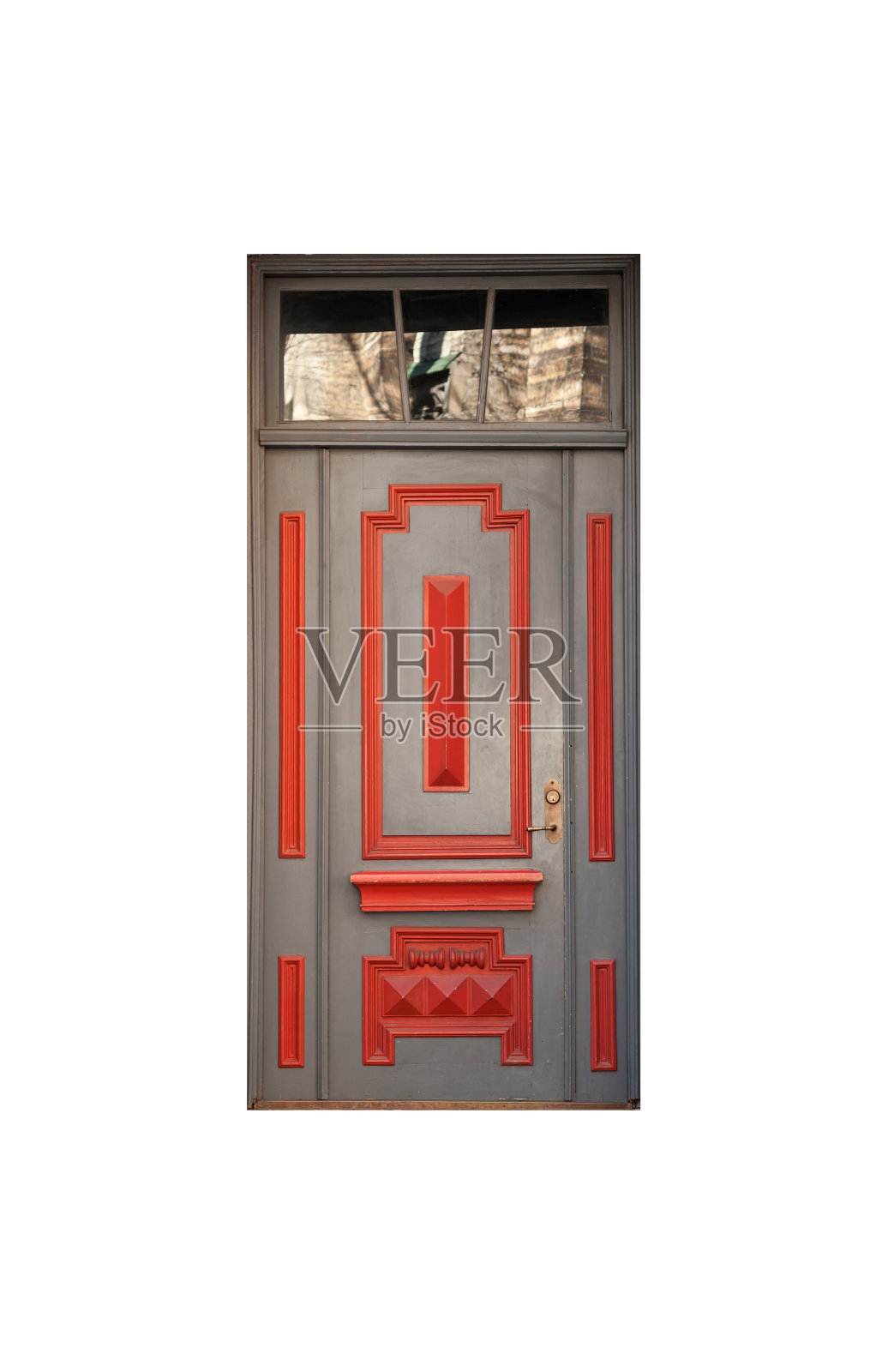 灰色木门与红色装饰元素照片摄影图片