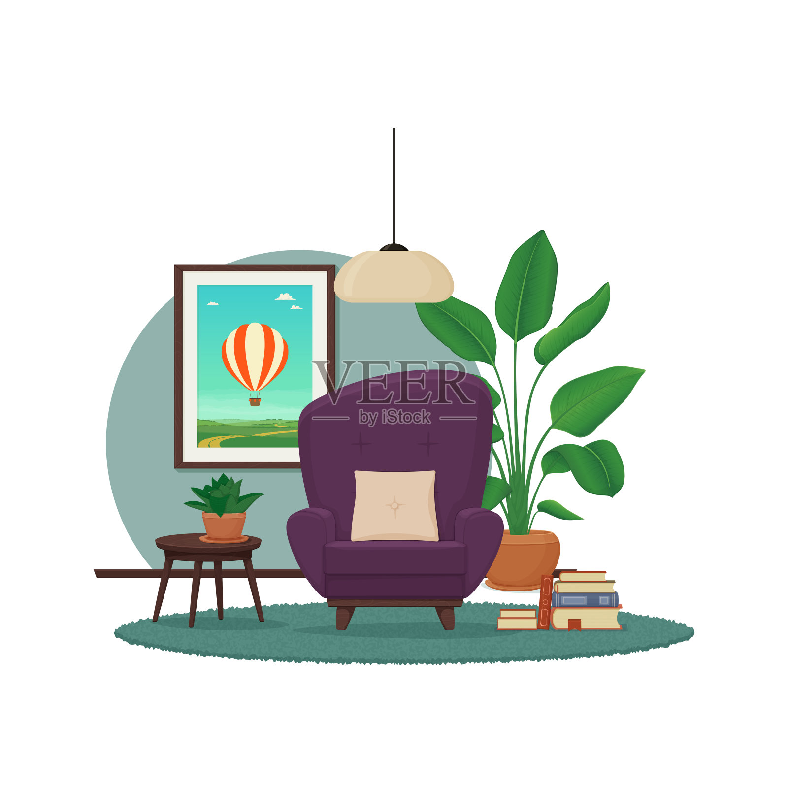 客厅室内设计。舒适的紫色扶手椅上有地毯，边桌上有室内植物，一堆书，吊灯和背景中的相框。卡通插图。向量。设计元素图片