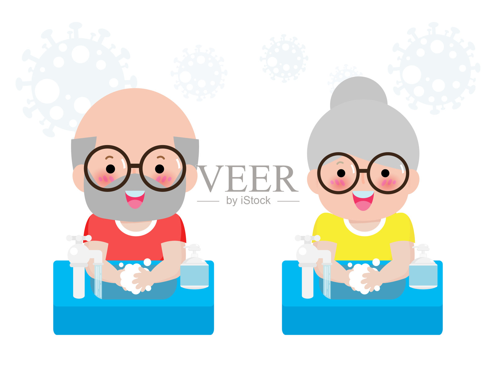 冠状病毒2019-nCoV或Covid-19疾病预防概念与可爱的老夫妇洗手与肥皂隔离在白色背景矢量插图插画图片素材