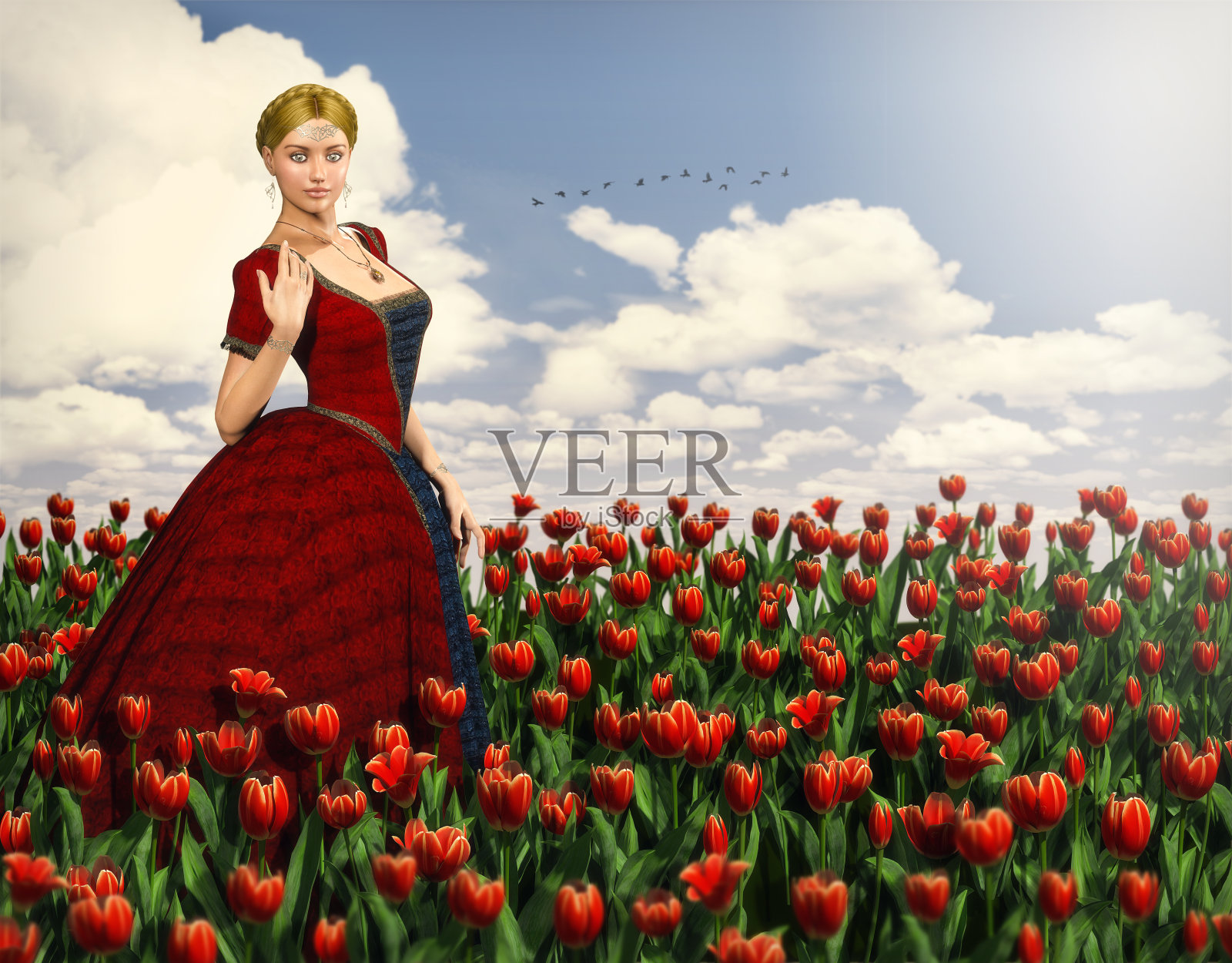 身着中世纪公主裙的美丽女子站在红色的花丛中照片摄影图片