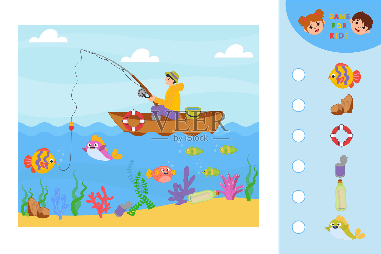 儿童教育游戏。找出与图片相匹配的物品。钓鱼。插画图片素材