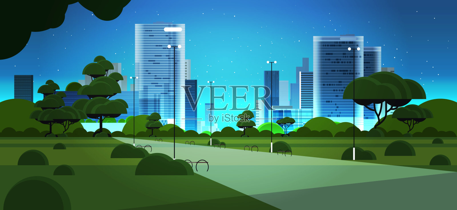 夜晚城市公园城市天际线摩天大楼和蓝色黑暗的天空与星星城市景观背景插画图片素材