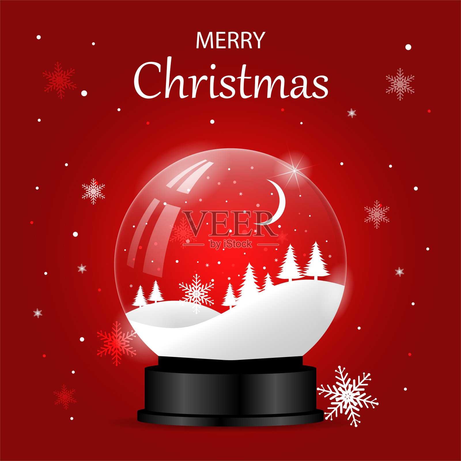 玻璃圣诞球，里面有圣诞树和雪。红色背景上的设计。矢量插图。圣诞水晶雪花球。设计模板素材