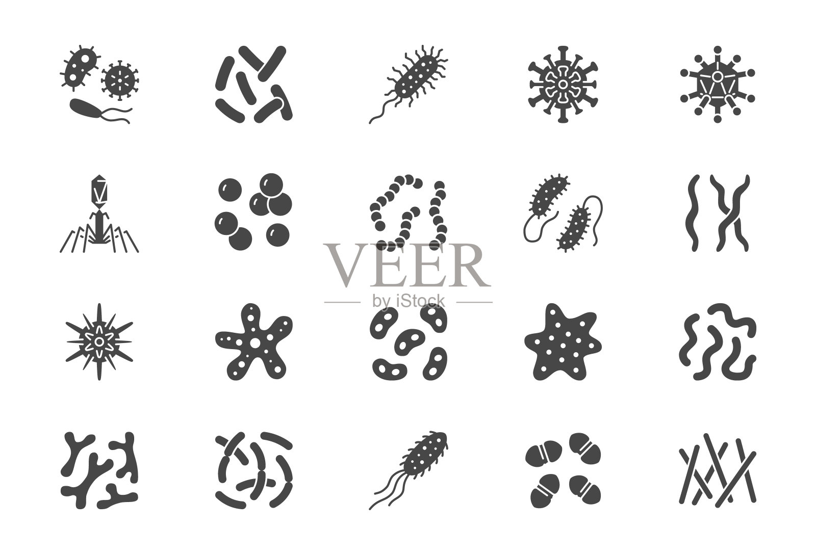 细菌，病毒，微生物象形文字图标。矢量插图包括微生物图标，细菌，霉菌，细胞，益生菌剪影象形图微生物信息图图标素材