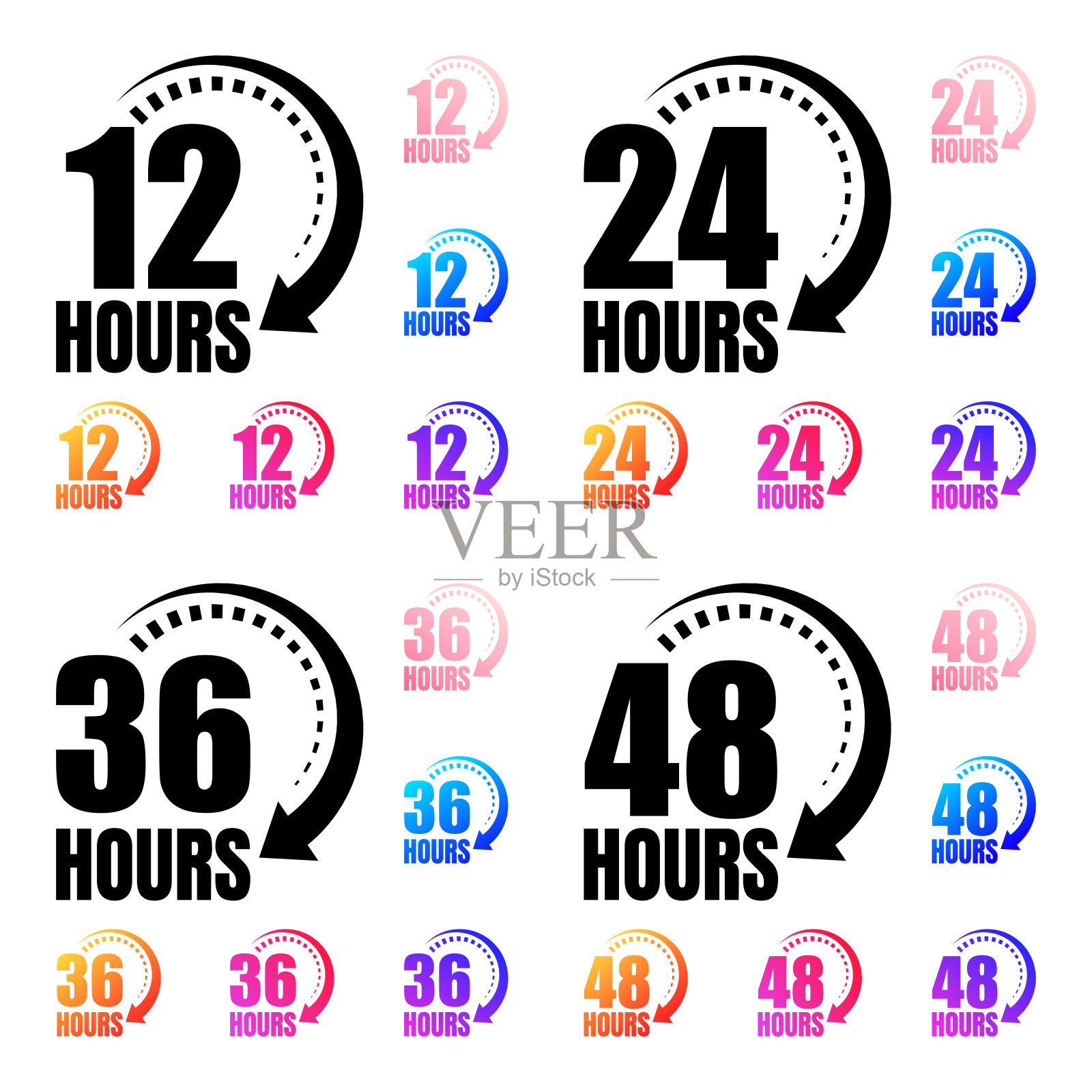 8, 12, 24, 48和72小时时钟箭头矢量图标。快递服务，网上交易剩余时间网站标志。矢量插图。图标素材