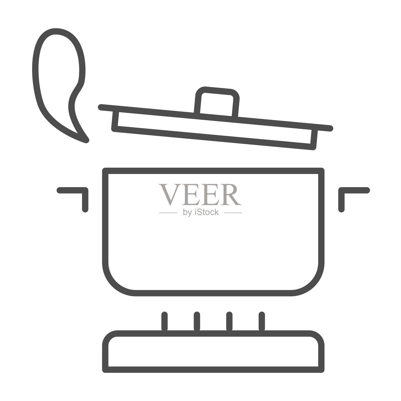 锅与蒸汽在煤气炉上细线图标，烹饪概念，炖锅在火标志上的白色背景，沸腾的锅图标在轮廓风格的移动概念和网页设计。矢量图形。图标素材