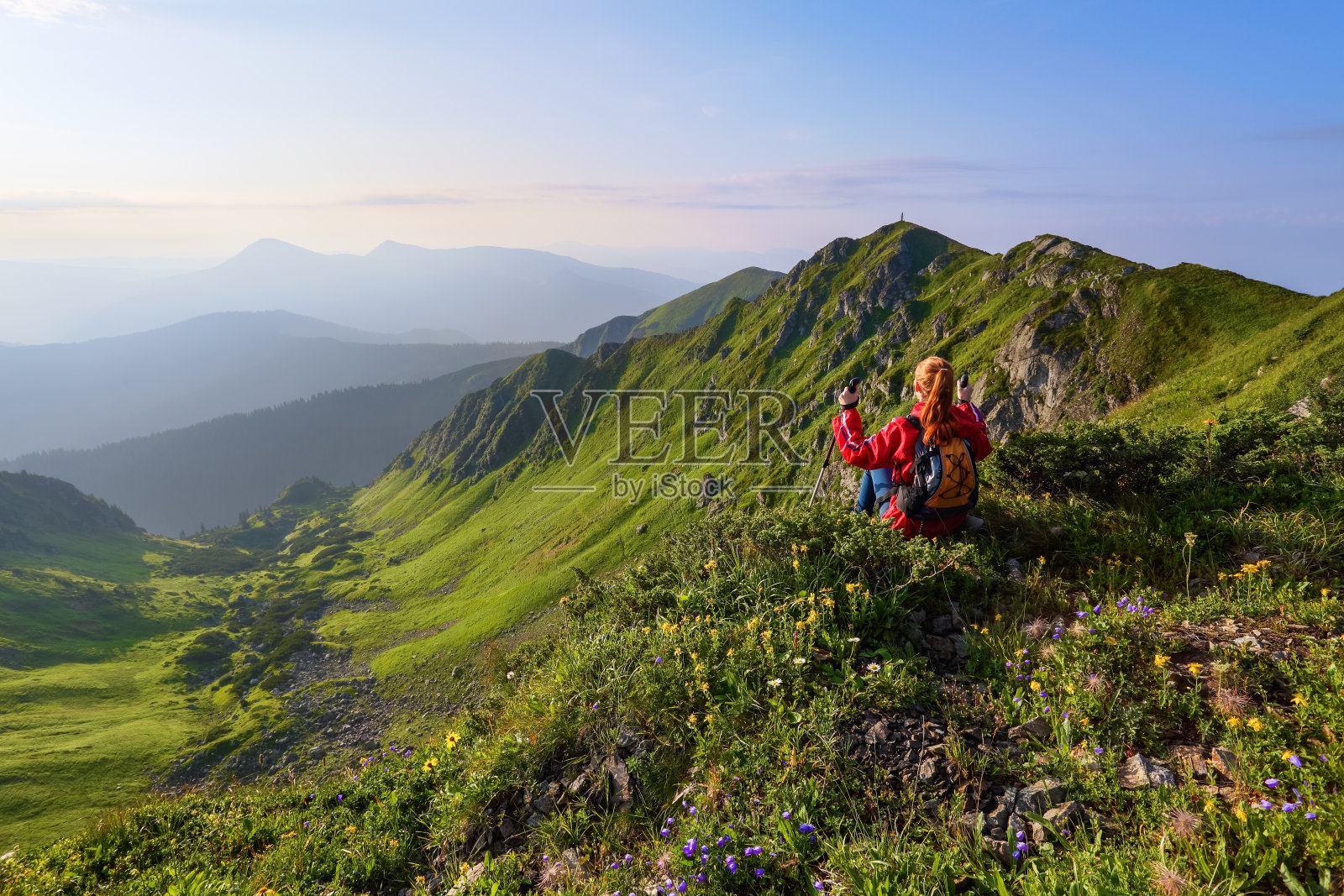 在山野花丛中，在悬崖边，有一个女孩坐在那里，看着地平线上的山峰。洛基山脉。照片摄影图片