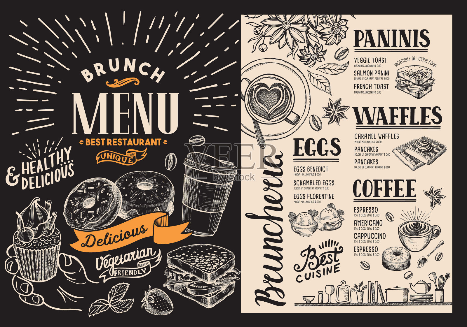 早午餐餐厅菜单。酒吧和咖啡馆的矢量食物传单。设计模板在黑板背景与复古手绘插图。插画图片素材