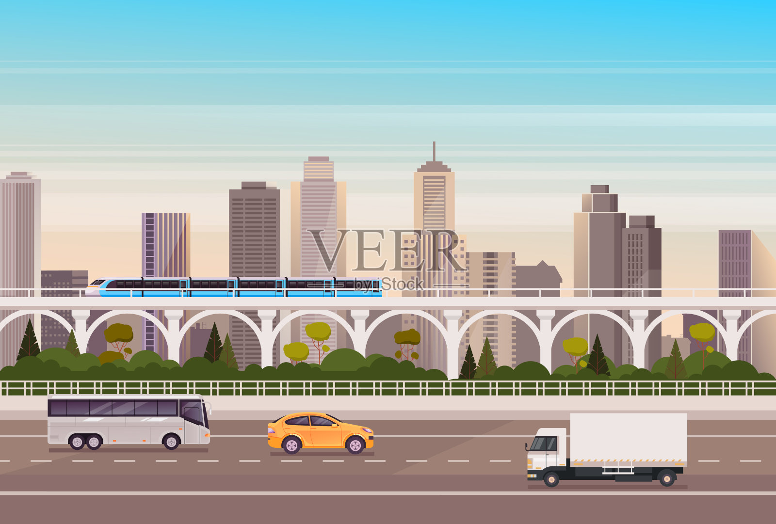 城市交通汽车、公共汽车、火车概念。矢量平面卡通图形设计插图插画图片素材