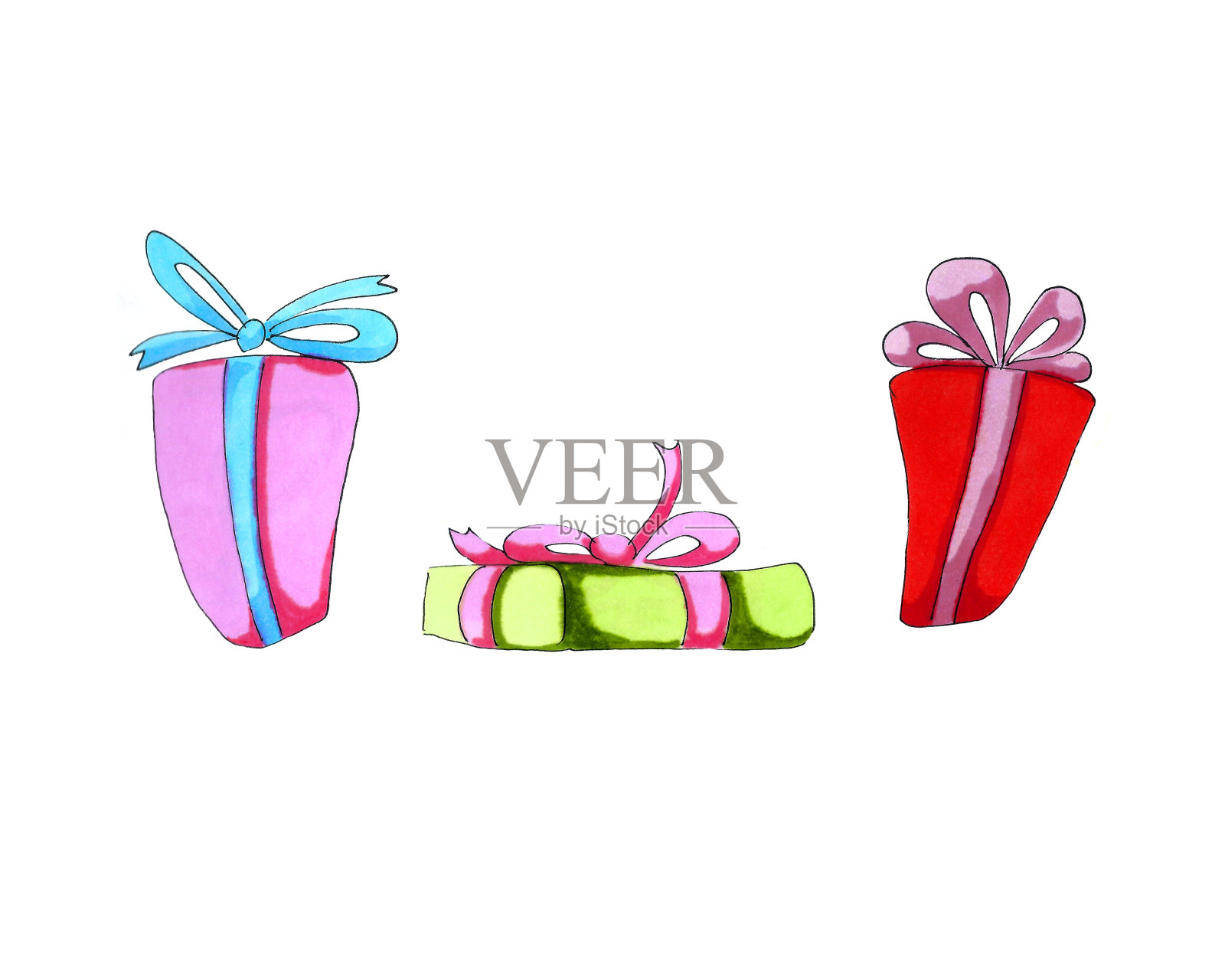 圣诞套装三个彩色的礼物盒与丝带。插画图片素材