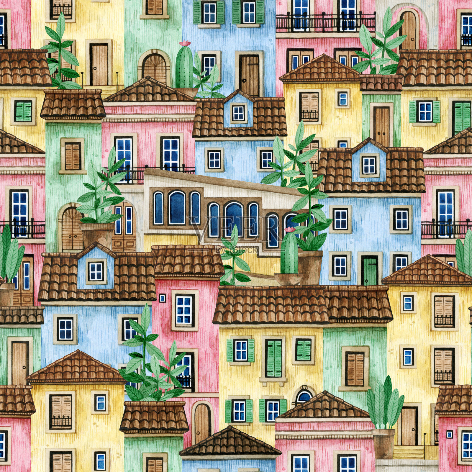 水彩无缝模式与葡萄牙房屋，植物，缆索。里斯本老建筑。中世纪欧洲的建筑景观。旅行背景，封面，纺织品，包装。插画图片素材