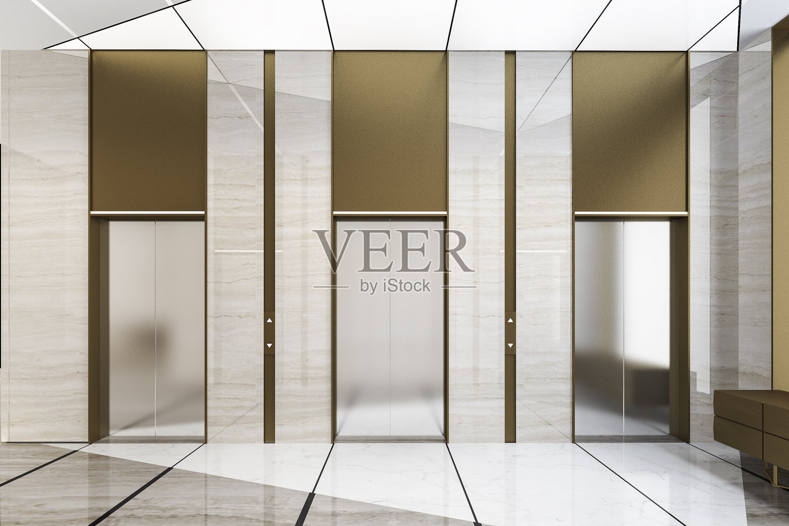 三维渲染的现代钢电梯电梯大堂在商务酒店与豪华设计靠近走廊照片摄影图片