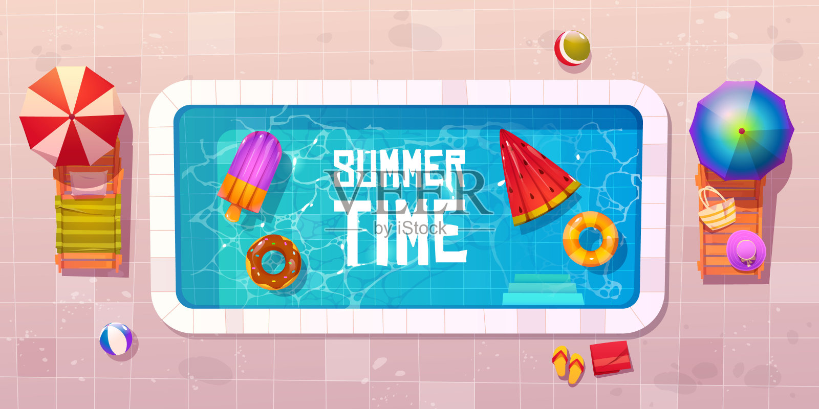 夏季，游泳池俯视图插画图片素材